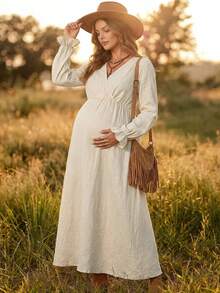 Boho Mama Apricot A-Line Dress With Ruffled Cuffs Cotton Fabric Suitable For Autumn Daily Wear Photoshoot And Vacation Country Style Maternity Normal For Women - Khaki - View 5