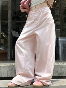 DAZY Women's Soft Pink Heart Loose Business Casual Y2k Cute Office Everyday Date Wear Wide Leg Straight Jeans, Fall - Pink - View 6