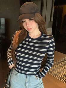 DAZY 春秋配色拼接條紋格紋商務休閒街頭風長袖女款T恤上衣圖案T恤 - 黑色 - 查看 2