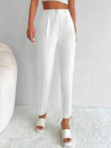 SHEIN 高個子版型 白色純色 97%棉 折疊壓褶細節 短版休閒西裝長褲 - 白色 - 查看 1