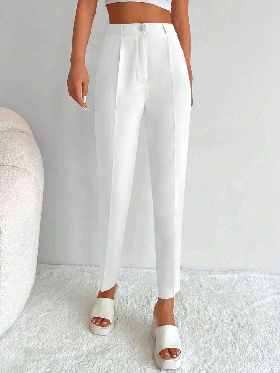 SHEIN 高個子版型 白色純色 97%棉 折疊壓褶細節 短版休閒西裝長褲 - 白色 - 查看 1