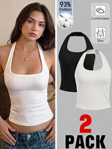 SHEIN 兒童青少年女孩修身款多色基礎掛脖短版背心上衣 2件/組 - 彩色 - 查看 6