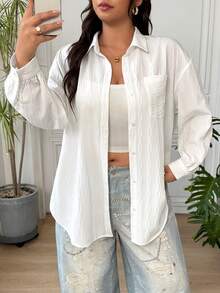 SHEIN EZwear 女款大尺碼前扣長袖休閒襯衫 - 白色 - 查看 1