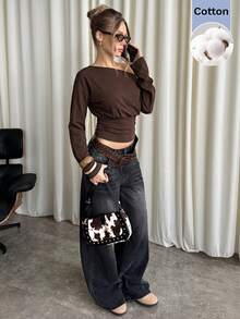 SHEIN BAE 女款純色棕色棉質不對稱肩長袖抓皺時尚上衣 - 棕色 - 查看 3