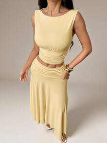 SHEIN PETITE Conjunto de 2 piezas de top de cuello redondo plisado y falda de unicolor casual para uso diario para mujer - Amarillo - Ver 7