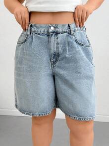 SHEIN Cottnline Pleated High Waist Woman's Plus Size Denim Short Washed Brown Casual Style Button Front - Medium Wash - View 4