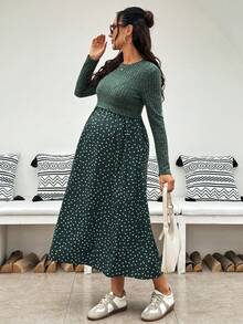 SHEIN 孕婦綠色長袖圓領休閒百搭洋裝 - 綠色 - 查看 6