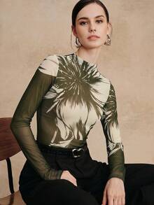 Anewsta Elegant Elegant Slim Fit Semi-High Neck Coffee Brown T-Shirt Women Long Sleeve Premium Vintage Print Mesh Base Layer Top - Army Green - View 3