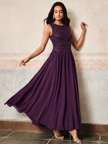Anewsta Women's New Elegant Sequin Beaded Pleated Chiffon Waist-Cinching Dress, Suitable For Spring/Summer Daily Wear, Party, Evening Dress, Outing, Purple - Purple - View 4