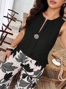 Weeklong Women's Plus Size Spring/Summer Botanical Print Button Decor Casual Vacation 2-Piece Set Vacation Emerald Green White Vacation Tropical - Multicolor - View 5