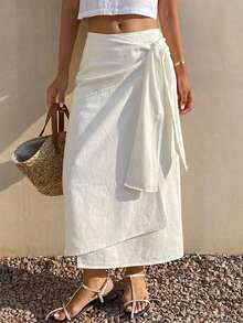 Livesso Fall Loose Casual Fashion Design Cinched Waist Drawstring Business Commute Street Vacation Off-White Women's Skirt Beach - White - View 1