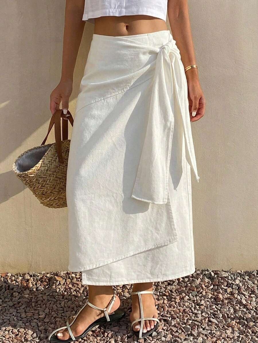 Livesso Fall Loose Casual Fashion Design Cinched Waist Drawstring Business Commute Street Vacation Off-White Women's Skirt Beach - White - View 1