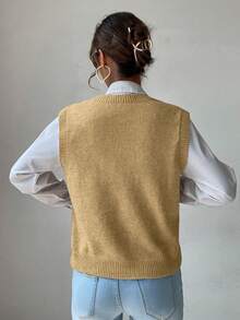SHEIN PariChic Women's Solid Color Casual Versatile Daily Wear Knitted Vest - Camel - View 2