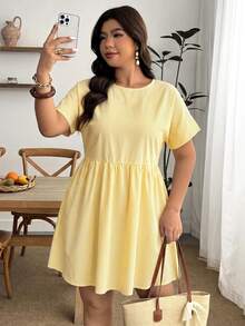 Enliva Plus Size Women's Spring/Summer Fashion Casual Loose Comfortable Refreshing Daily Versatile Slimming Yellow Short Sleeve Shirt Dress, Vacation - Yellow - View 3