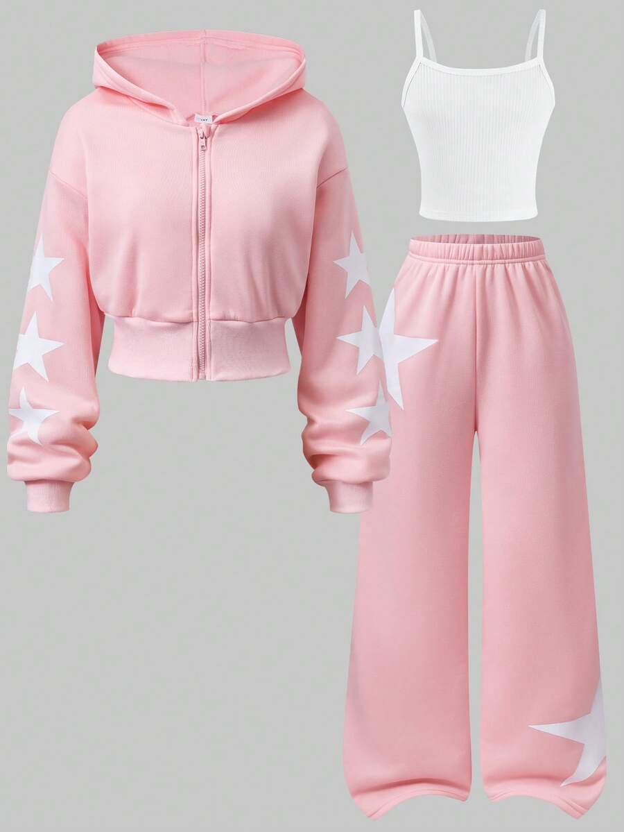 SHEIN Sparklyn Ensemble décontracté 3 pièces pour adolescentes, automne/hiver, couleur unie, avec sweat-shirt zippé doublé thermique, camisole et pantalon large, tenue à la mode pour le quotidien, les trajets et l'école - Rose bonbon - Voir 1