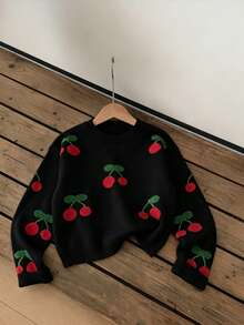 SHEIN Genkimix Kids Fashion Casual Sweet Cherry Girls' Pullover Sweater Autumn Fall - Black - View 5