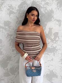 Glamine Women's Summer Vacation Asymmetric One Shoulder Diagonal Neckline Ruched Fitted Striped Sleeveless Top - Coffee Brown - View 4