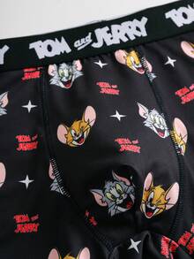TOM & JERRY X SHEIN 男士字母與卡通印花休閒日常四角內褲 - 黑色 - 查看 3