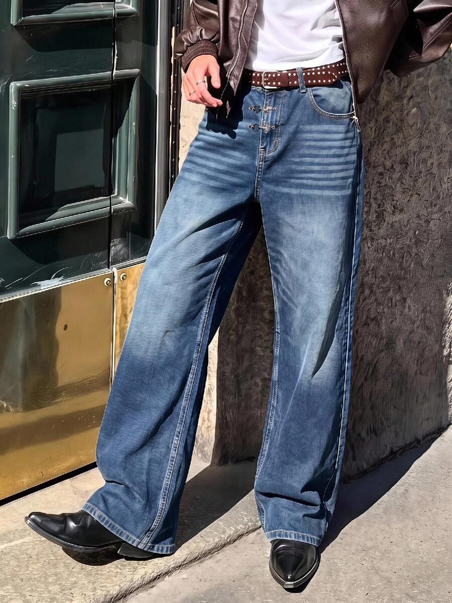 SWAVVY Men's Wide Leg Casual Denim Jeans With Airplane Buckle Design And Pockets - Blue - View 1