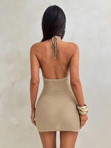 Aloruh Women's Summer New Brown Elegant Sexy Minimalist Beach Vacation Romantic Date Party Outing Hot Girl Y2K Knit Round Metal Halter Shell Tassel Patchwork Hollow Out Mini Dress - Beige - View 2