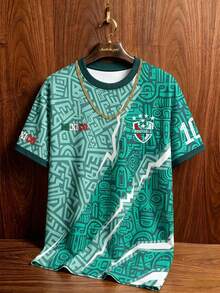 Aesthetic Post American Vintage Mayan Totem Print Short Sleeve Jersey,Men's Women's Graphic T-Shirt,Green Mint,Summer,Streetwear,Going Out Mexican Sports Crew Neck - Multicolor - View 1