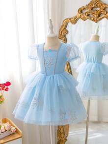 Glamorique Kids 女童藍色正式洋裝，頂級緞面柔軟網紗搭配精緻雪花印花，泡泡短袖洋裝，適合生日派對、晚宴活動、高端親子活動、家庭聚會、婚禮、兒童時裝秀、畢業舞會，夏季短洋裝，完美適用日常拍照與親子攝影 - 藍色 - 查看 5