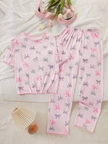 青少年女孩蝴蝶結印花圓領上衣與荷葉邊飾休閒長褲居家服套裝 - 粉色 - 查看 7