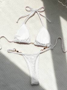 Swim SXY Bañador bikini triángulo halter vinculado con cadena - Blanco - Ver 3