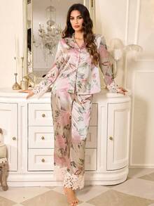 LuxeNights Floral Print Faux Silk Patchwork Water-Soluble Lace Trim Top And Pants Elegant Pajama Set - Multicolor - View 4