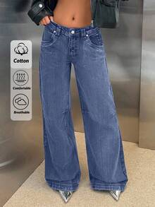 EURMUSE RueChic Low Waist Wide Leg Washed Denim Jeans - Dusty Blue - View 3