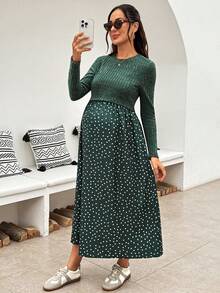 SHEIN 孕婦綠色長袖圓領休閒百搭洋裝 - 綠色 - 查看 7
