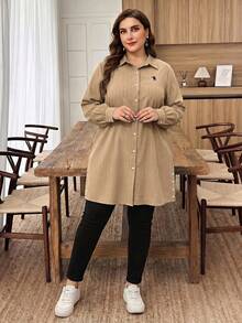 Lacomfia Plus Size Solid Color Long Sleeve Textured Fabric Casual Commute Embroidered Pony Long Shirt - Khaki - View 6