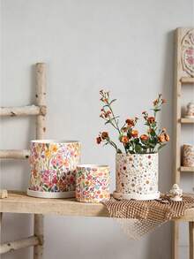 Haus Hana 1pc Cute Nordic Floral Print Ceramic Pot, Round Breathable Terracotta Planter With Drainage Hole For Succulents & Phalaenopsis - multicolor - View 4