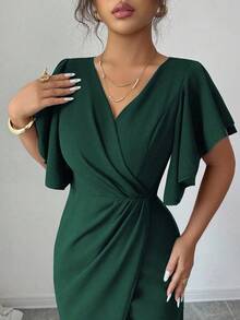 Elenzga Đầm nữ thanh lịch lãng mạn cổ chữ V tay bèo nhún eo ôm sát viền đuôi cá - xanh quân đội - Xem 3