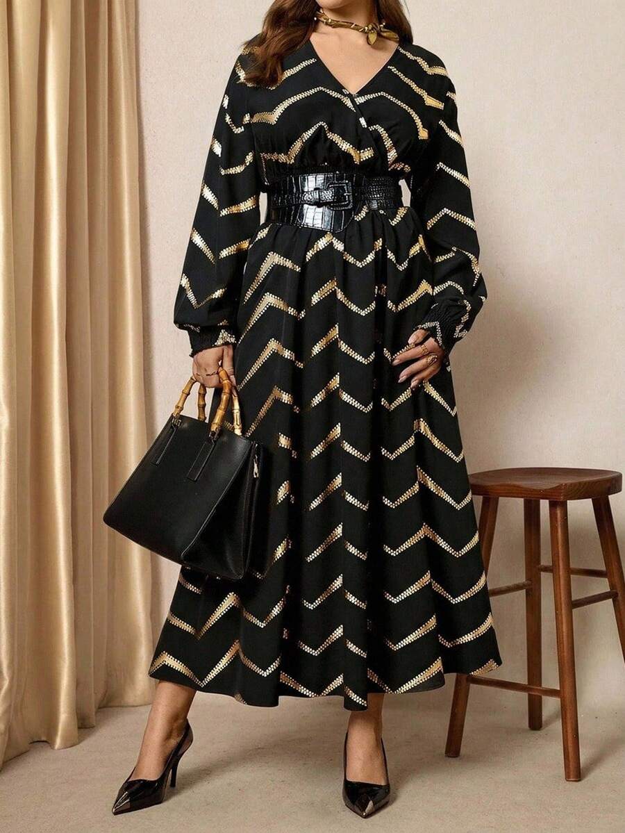 Comfylo 優雅黑金配色聖誕大尺碼洋裝，秋季老錢風女款婚禮賓客禮服，夜店返校派對節慶穿搭