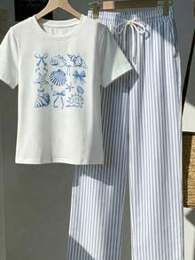 Tseoso 休閒度假風藍色貝殼蝴蝶結圖案圓領T恤搭配藍白條紋印花長褲休閒套裝 - 彩色 - 查看 3