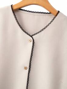 SHEIN Elenzya Plus Size Linen Blend Short Sleeve Contrast Black Floral Lace Hem Round Neck Button Front Cardigan Teachers' Day Office Summer Elegant - Apricot - View 6