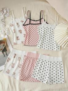 SHEIN Tween女孩蝴蝶結裝飾細肩帶上衣與短褲休閒日常套裝 - 紫色 - 查看 12