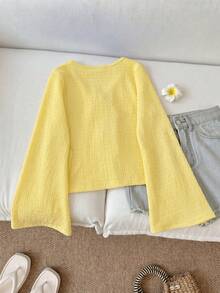 Elladie kids Girls' Solid Color Loose Bowknot Flared Sleeve Button-Up Shirt, Blouse For Vacation, Back To School, Outings, Long Sleeve Yellow Top, Autumn Fairy - Yellow - View 2
