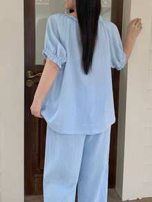 Dazy Plus Sweet Fresh Light Blue All Cotton Gathered Ruffle Design Loose Plus Size Women Spring Summer Loungewear Blue Pajama Set - Baby Blue - View 4