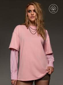 BAD SUNDAY Women's All Season Long Sleeve 2 In 1 Contrast Color Loose Casual Streetwear T-Shirt, Versatile Y2K Vintage Street, Music Festival, Light Pink Autumn - Pink - View 1