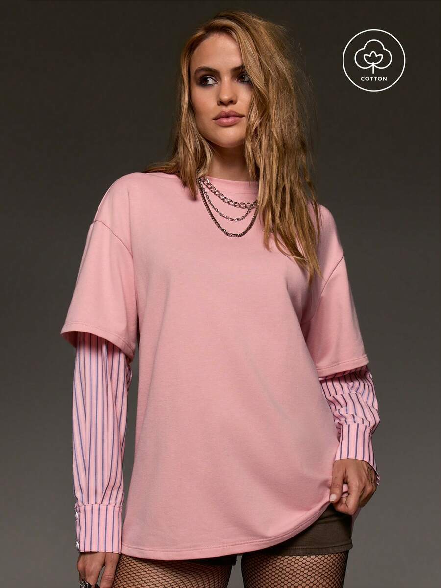 BAD SUNDAY Women's All Season Long Sleeve 2 In 1 Contrast Color Loose Casual Streetwear T-Shirt, Versatile Y2K Vintage Street, Music Festival, Light Pink Autumn - Pink - View 1
