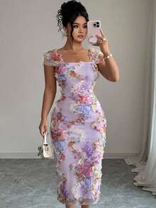 Elenzga Vestido Midi Mulheres Plus Size Elegante e Romântico com Estampa Floral Aleatória e Cintura Franzida, Adequado para Casamento, Festa, Encontro e Outras Ocasiões na Primavera/Verão - Roxo - Visão 4