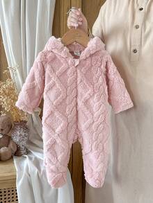 SHEIN Vintaside Kids 新生兒簡約時尚可愛波點長袖連帽抓絨連身衣居家服 - 淺粉色 - 查看 3