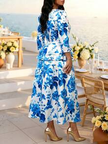 Fleurora Plus Size Women's Floral Print Waist-Cinching Slimming Pleated Asymmetrical Hem Elegant Ninang Skirt Wedding Evening Formal White Summer - Blue and White - View 2