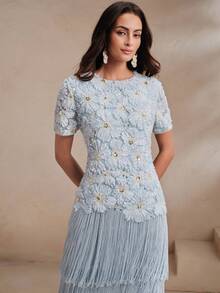 Anewsta Sommer Party Urlaub Mesh Applikation 3D Blumen Patchwork Mehrschichtig Quaste Blau Elegantes Kleid für Frauen, geeignet für Urlaub, Partys, Bankette - Blau - Übersicht 6