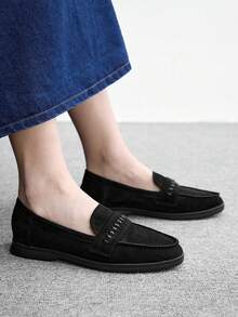 CUCCOO BIZCHIC 時尚杏色麂皮麻繩平底舒適通勤女式平底鞋樂福鞋，適合戶外度假購物上班日常穿搭百搭平底女鞋 - 黑色 - 查看 2