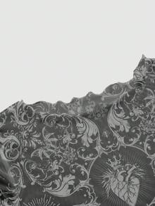ROMWE Goth 恐怖暗黑辣妹風網紗透視骷髏愛心植物藤蔓女款上衣 - 黑色 - 查看 3