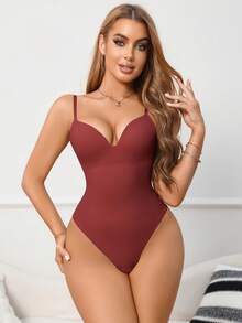 SHEIN 女款一件式塑身衣 - 酒紅色 - 查看 1