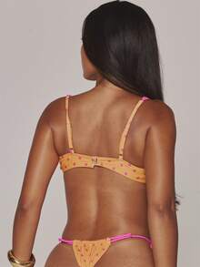 Musera Resort Orange Hot Pink Polka Dot Underwired Ruched Bust Bikini Top With Tie Side Bottoms - Yellow - View 5